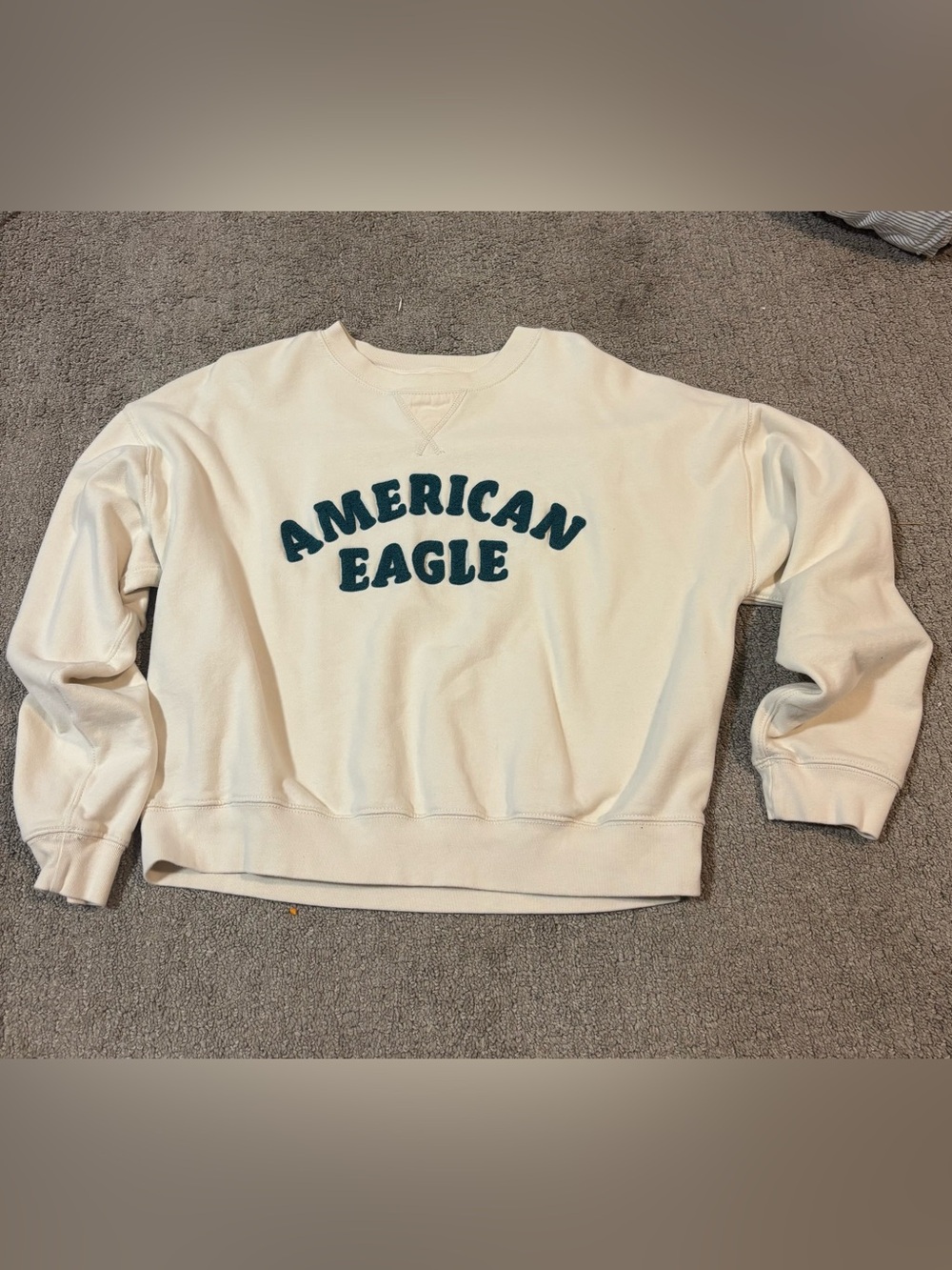 American Eagle Outfitters Cream Crewneck Sweatshirt with dark green Logo